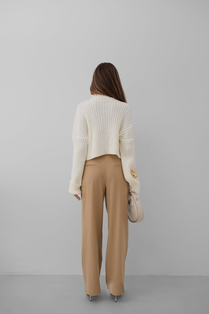 Bel Katlamalı Açık Bej Palazzo Pantolon