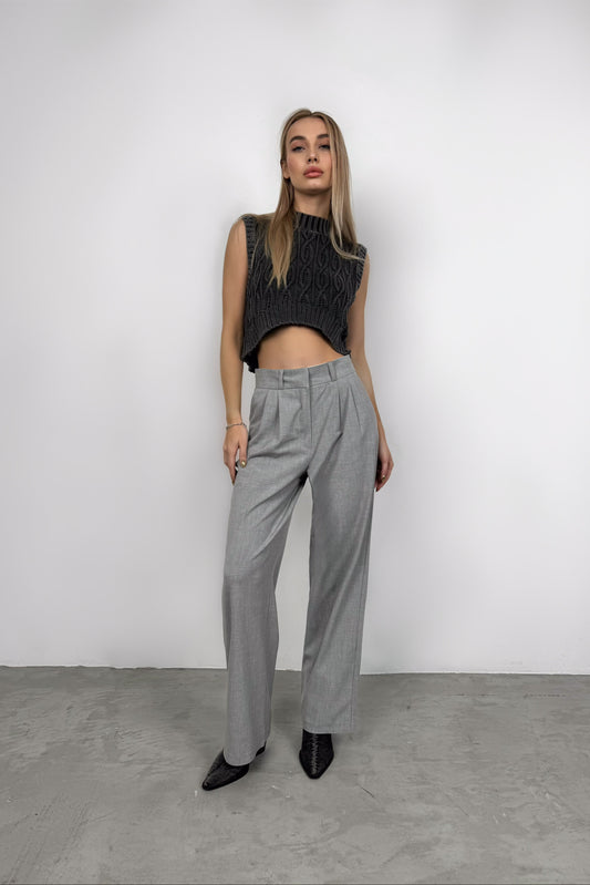 Light Grey Palazzo Trousers with Waist Fold 