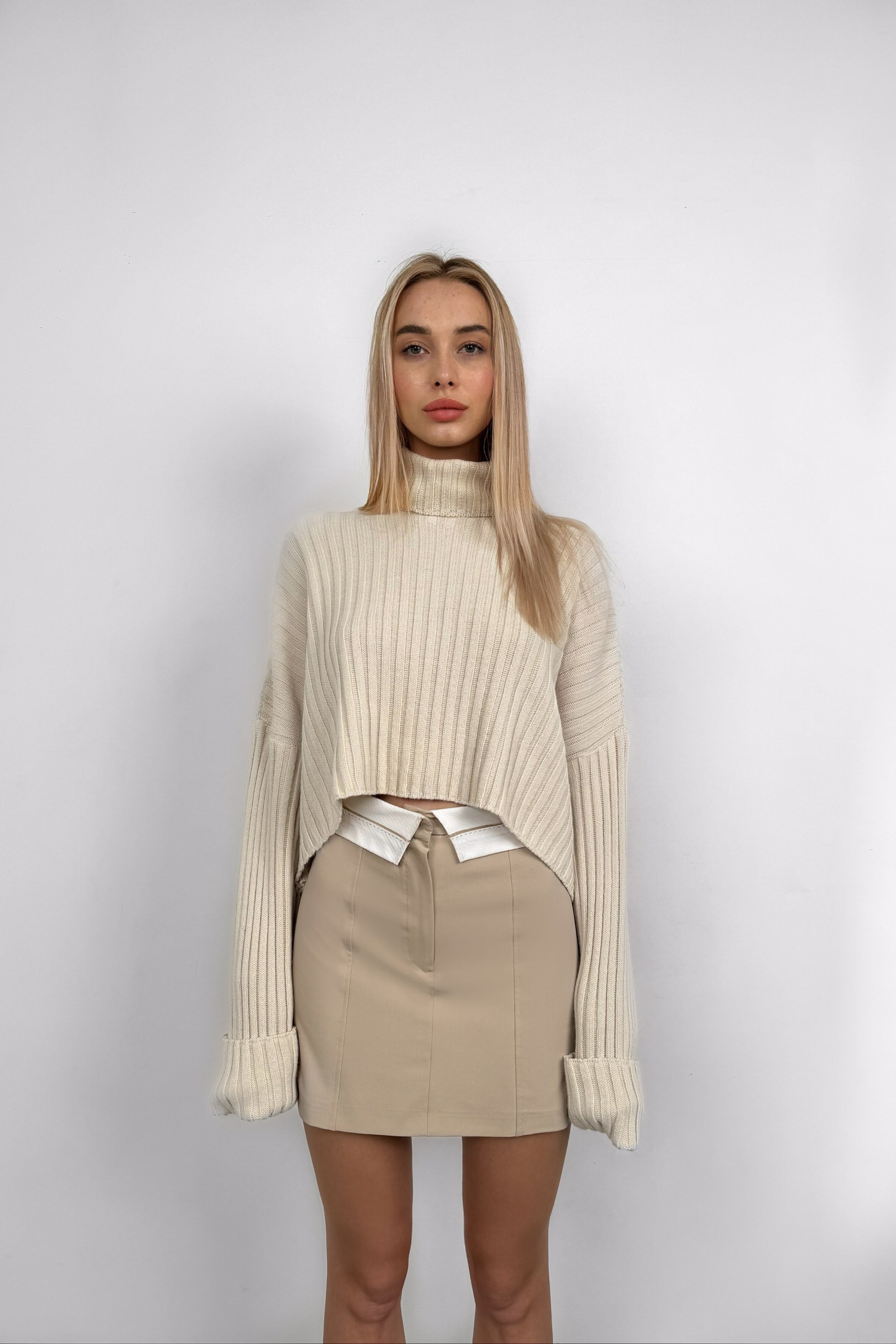 Waist Pleated Beige Mini Skirt 