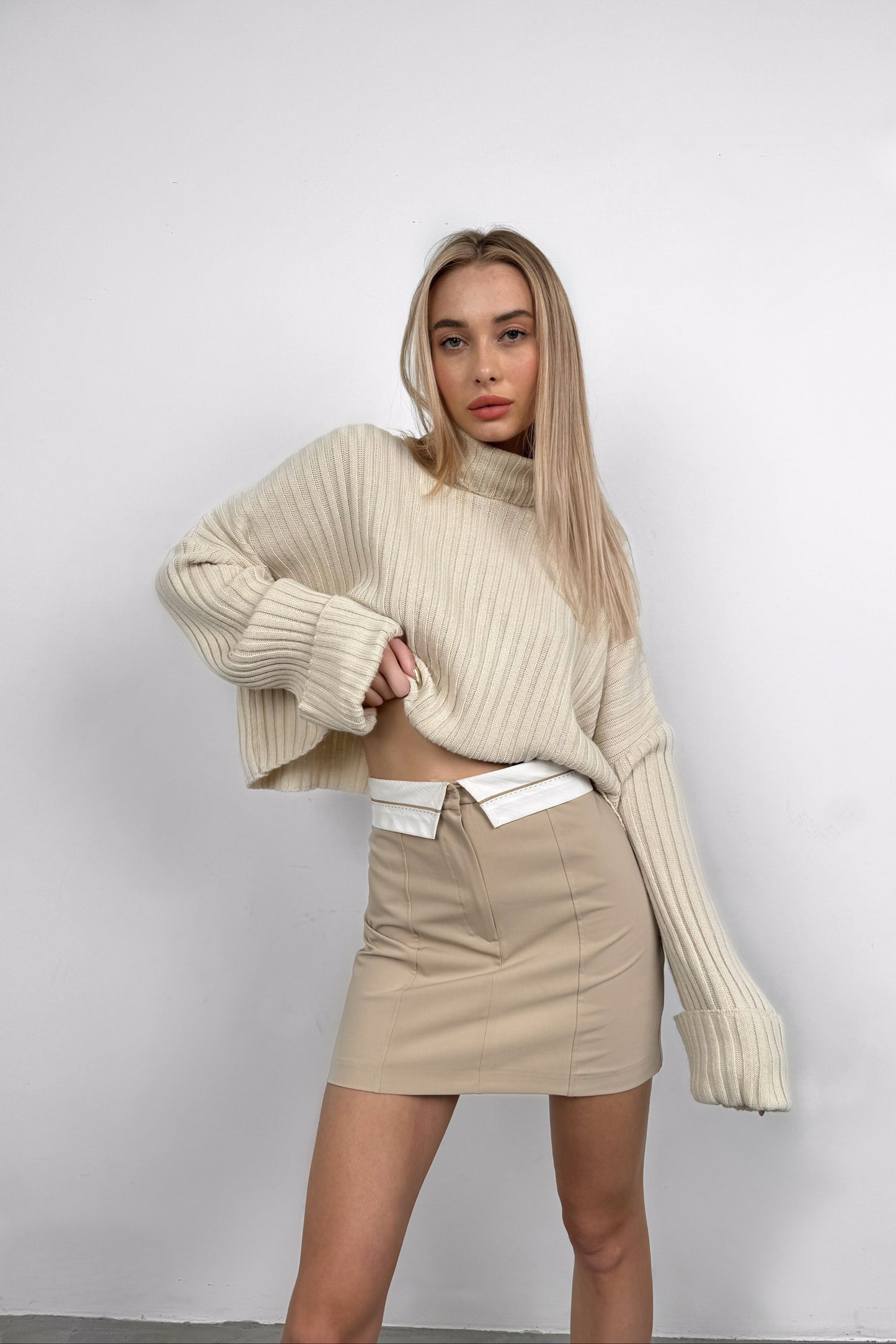 Waist Pleated Beige Mini Skirt 