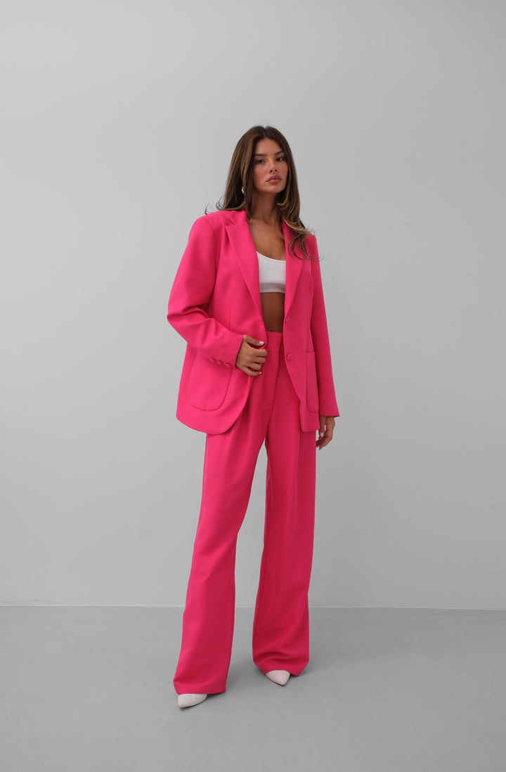 Waist Fold Fuchsia Trousers Blazer Jacket Set 