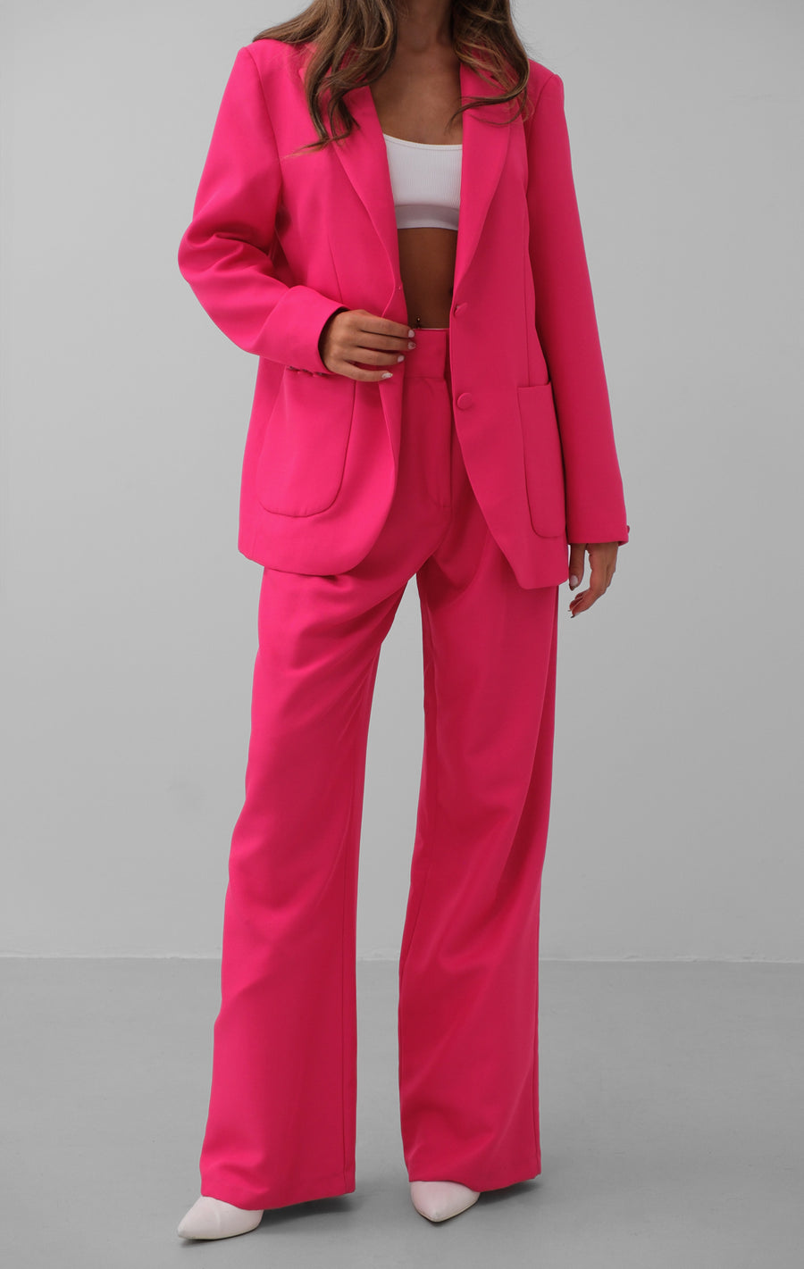 Waist Fold Fuchsia Trousers Blazer Jacket Set 