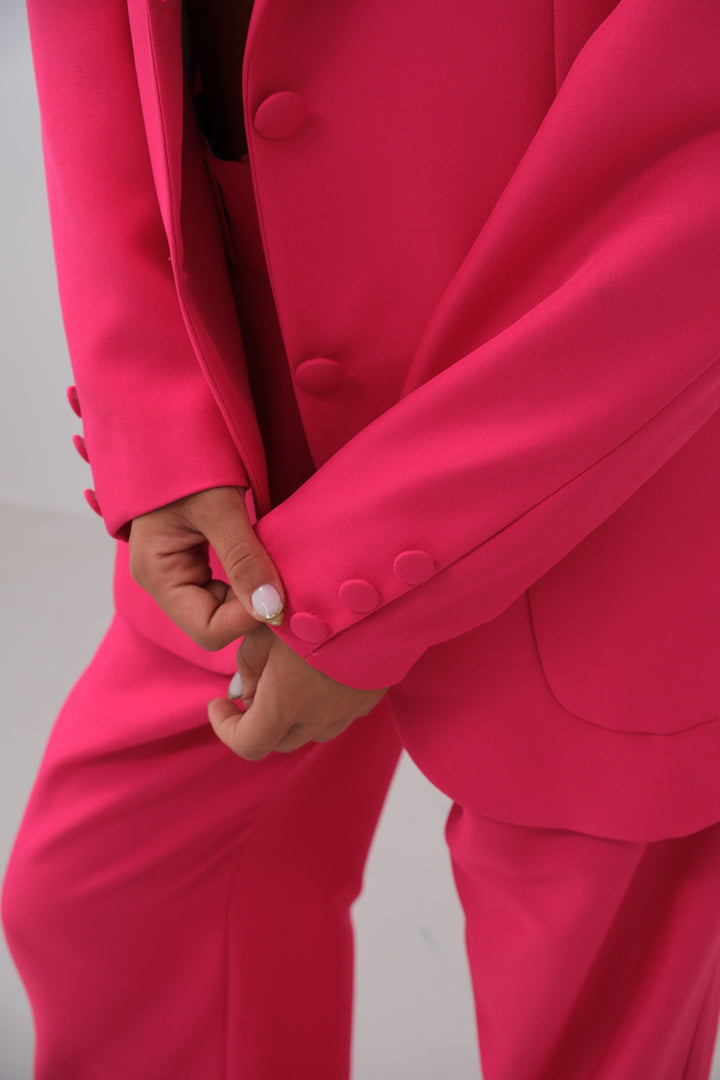 Waist Fold Fuchsia Trousers Blazer Jacket Set 