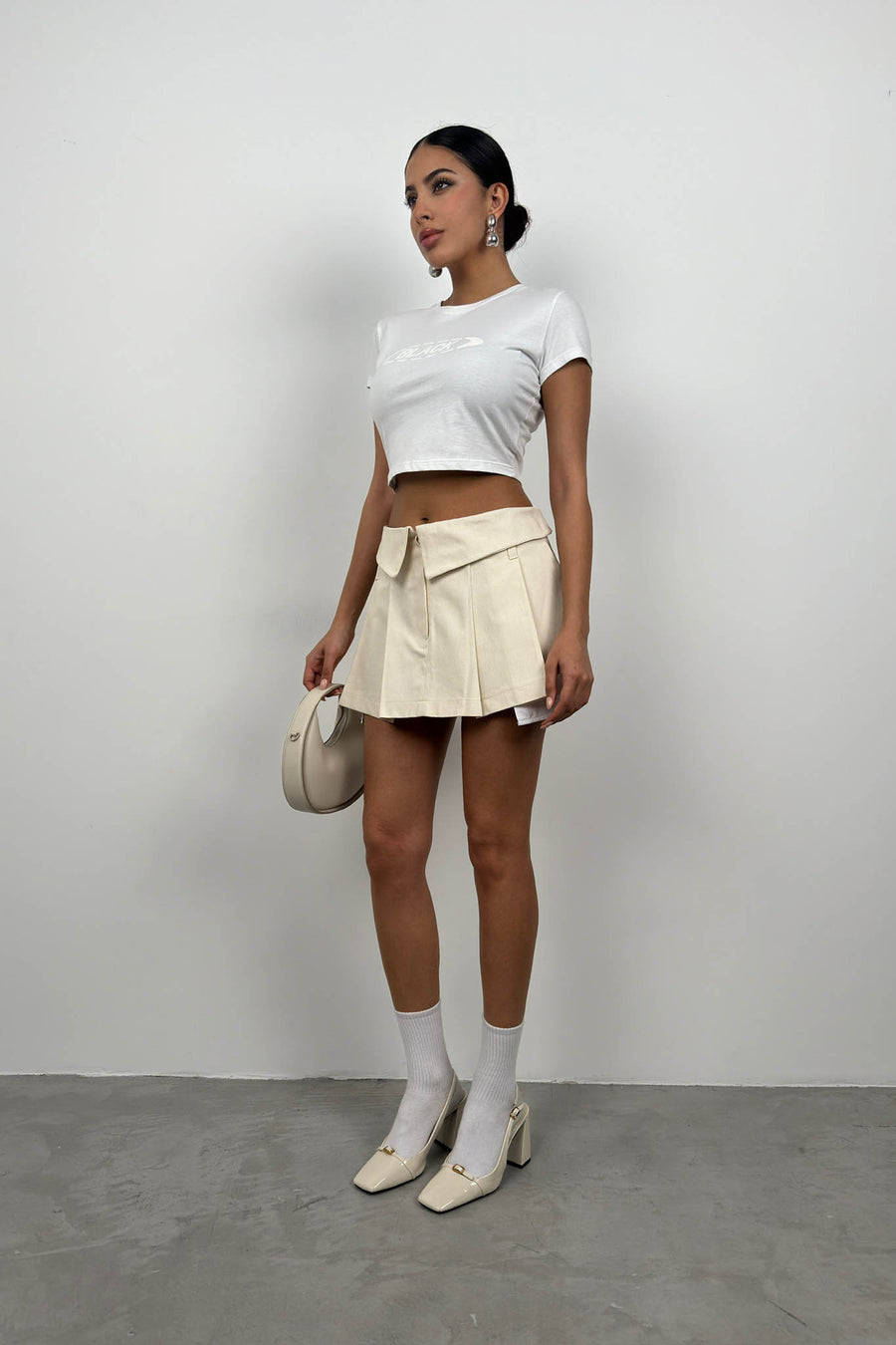 Pleated Beige Mini Skirt with Waist Fold 