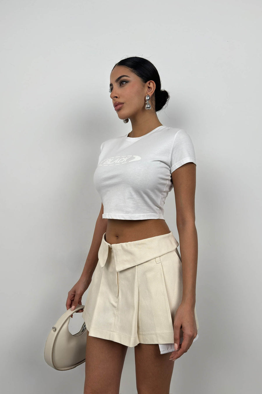 Pleated Beige Mini Skirt with Waist Fold 