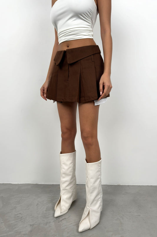 Pleated Brown Mini Skirt with Waist Fold 