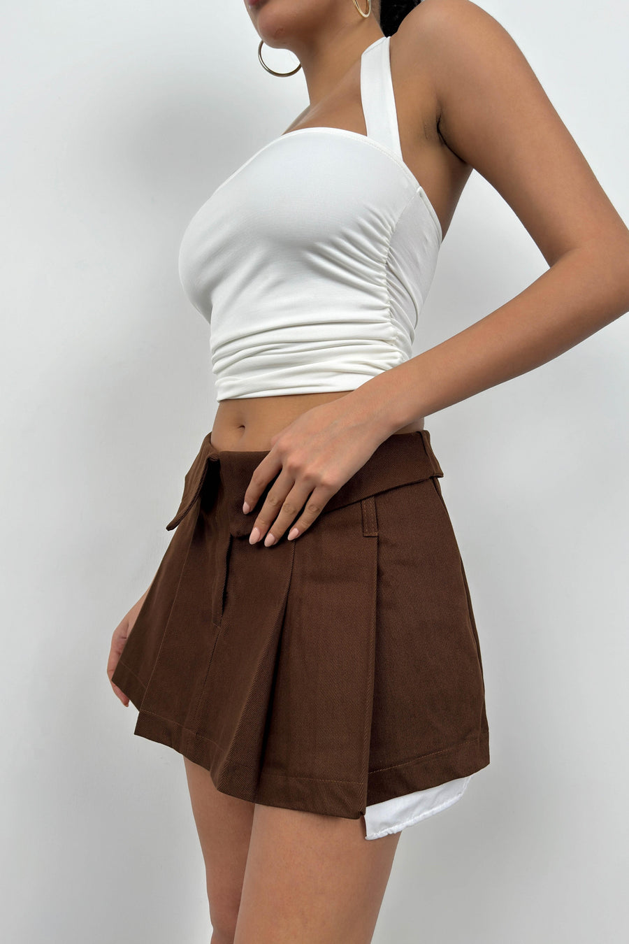 Pleated Brown Mini Skirt with Waist Fold 