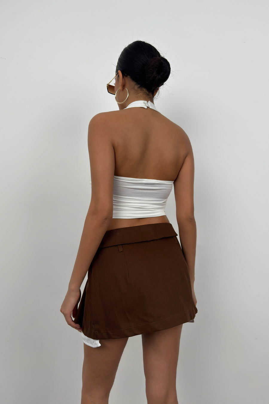 Pleated Brown Mini Skirt with Waist Fold 