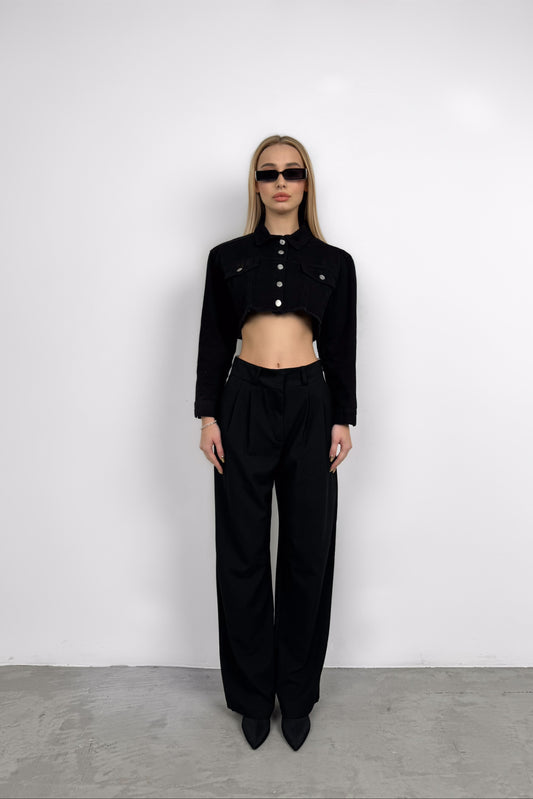 Black Palazzo Trousers with Waist Fold 