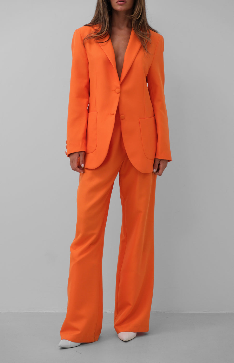 Orange Waist Folded Trousers Blazer Jacket Set 