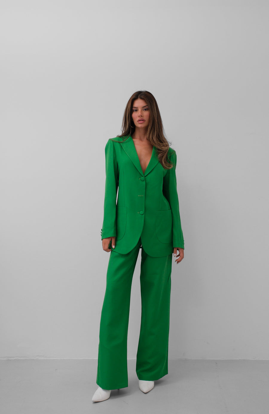 Waist Fold Green Trousers Blazer Jacket Set 