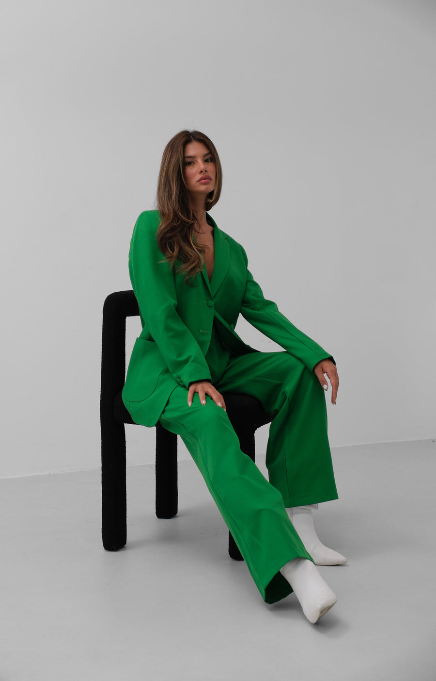 Waist Fold Green Trousers Blazer Jacket Set 