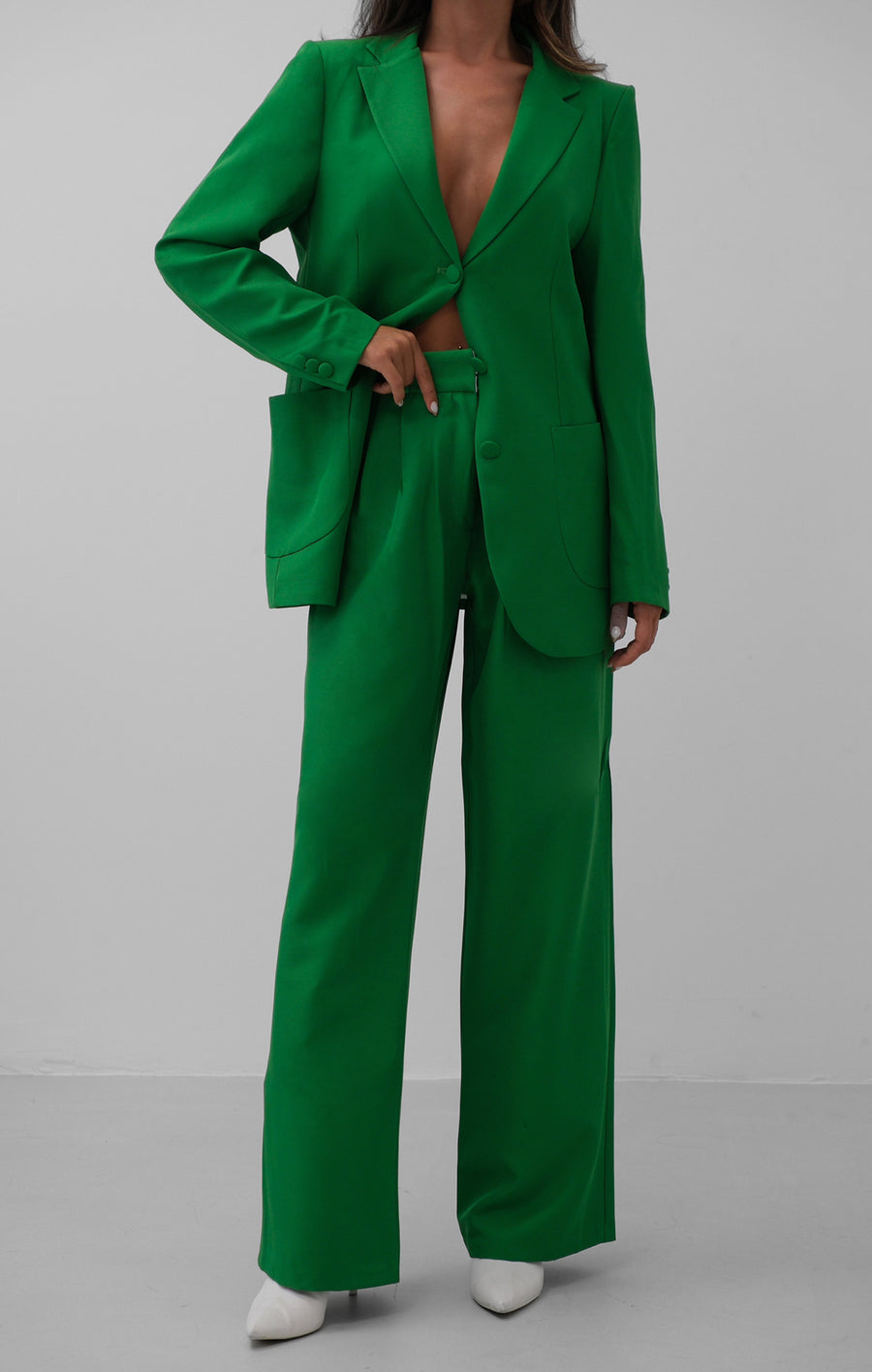 Waist Fold Green Trousers Blazer Jacket Set 