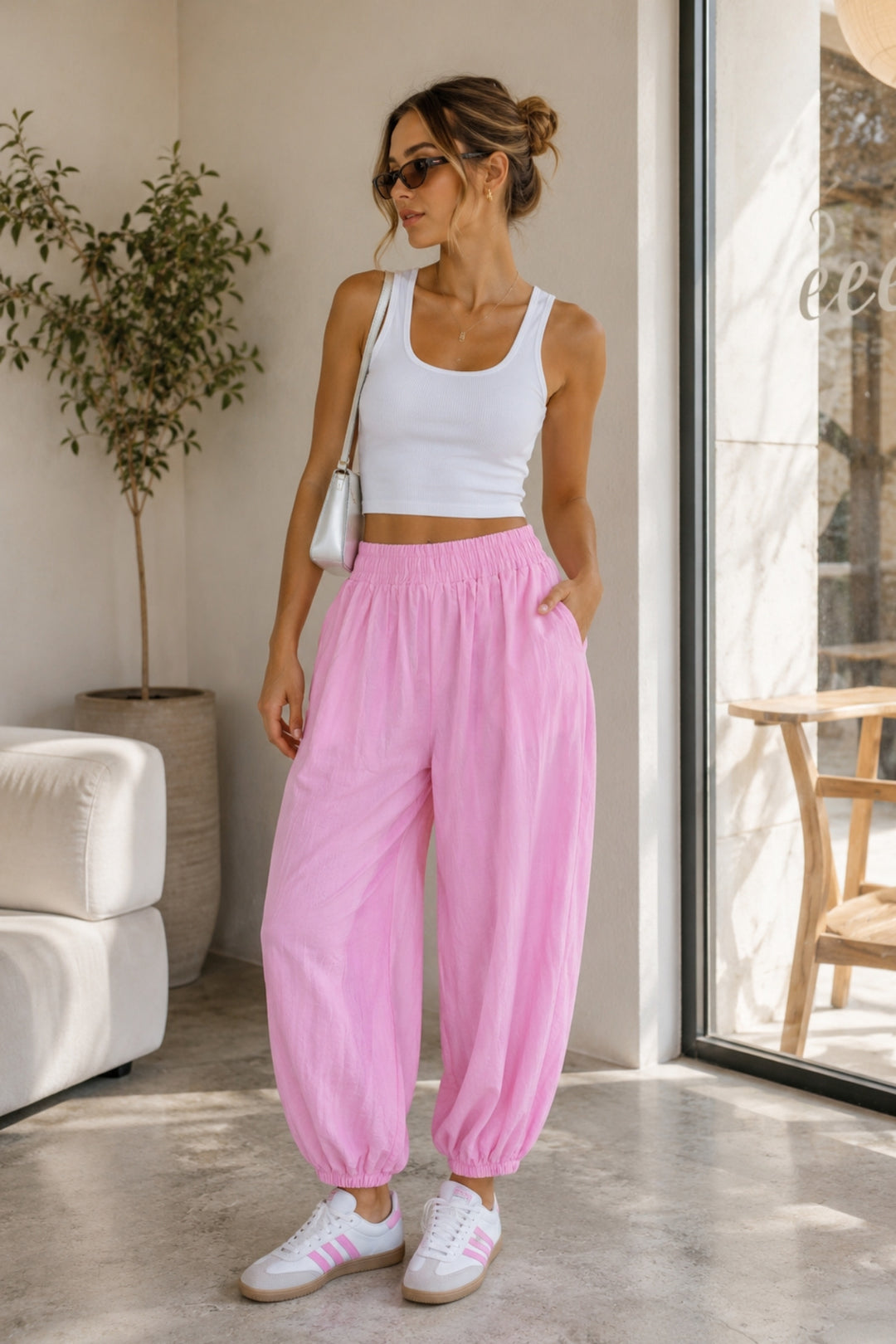 Bel Lastik Detay Modal Pembe Balon Pantolon