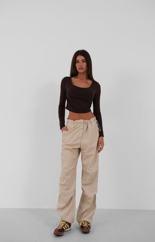 Elastic Waist Leather Beige Trousers 