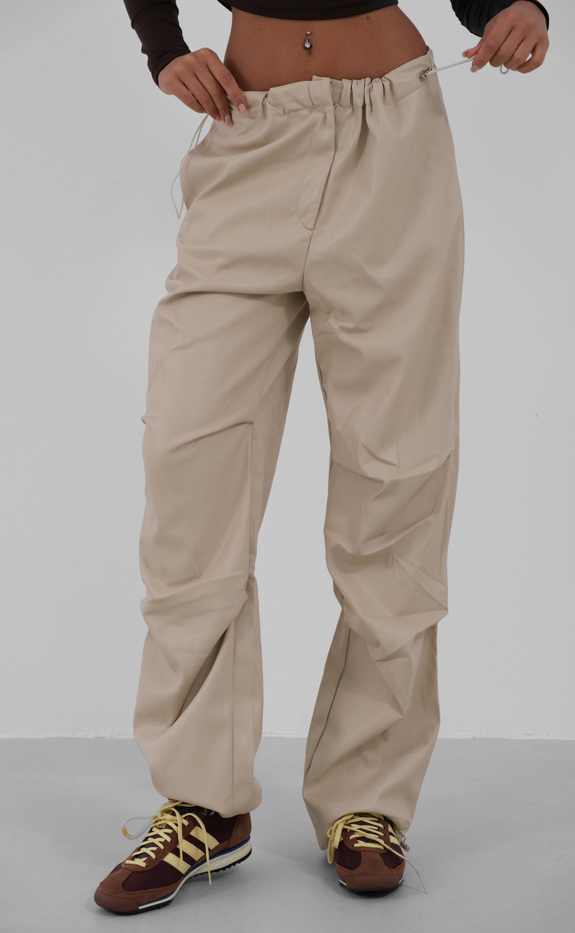 Elastic Waist Leather Beige Trousers 