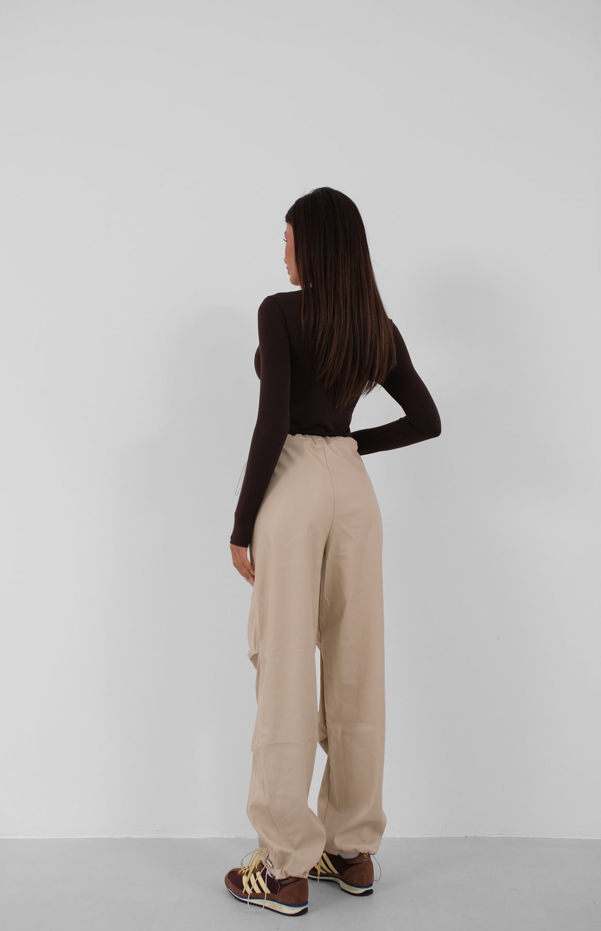 Elastic Waist Leather Beige Trousers 