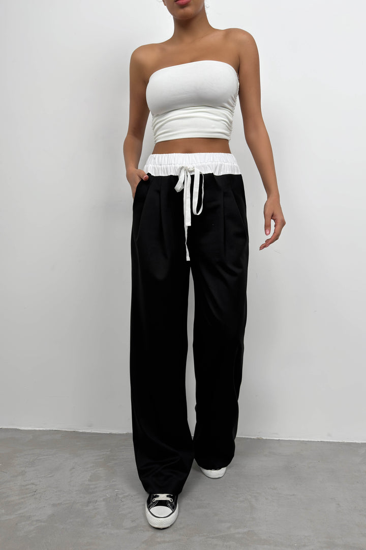 Elastic Waist Boxer Detail Black Trousers 