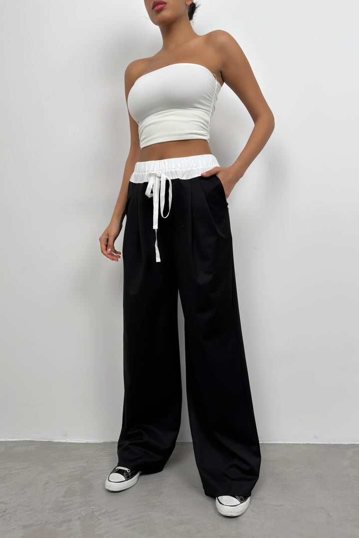 Elastic Waist Boxer Detail Black Trousers 