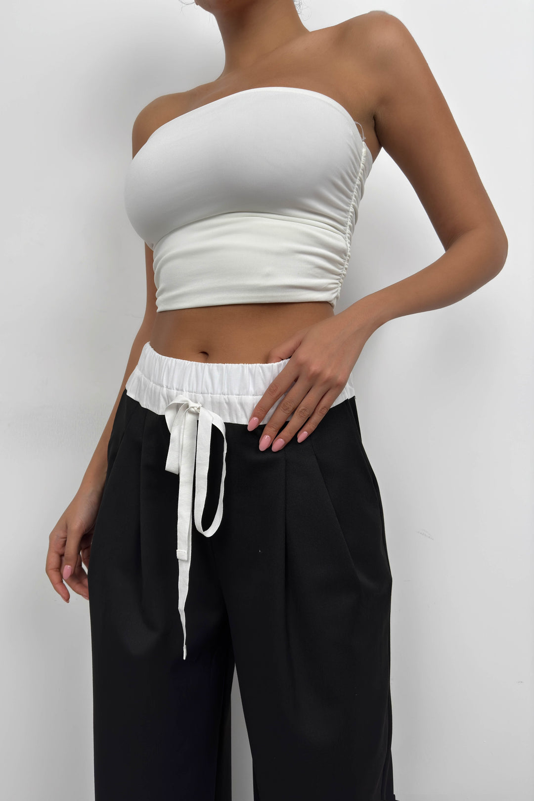 Elastic Waist Boxer Detail Black Trousers 