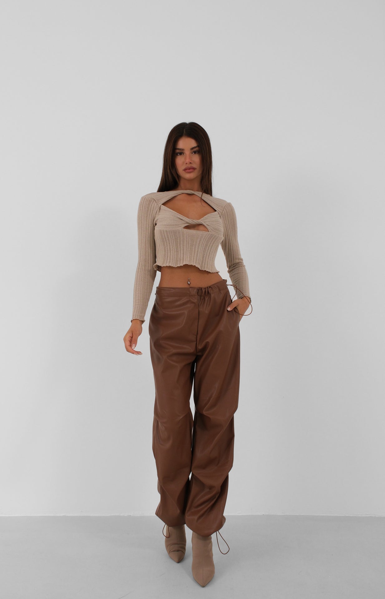 Elastic Waist Leather Brown Trousers 