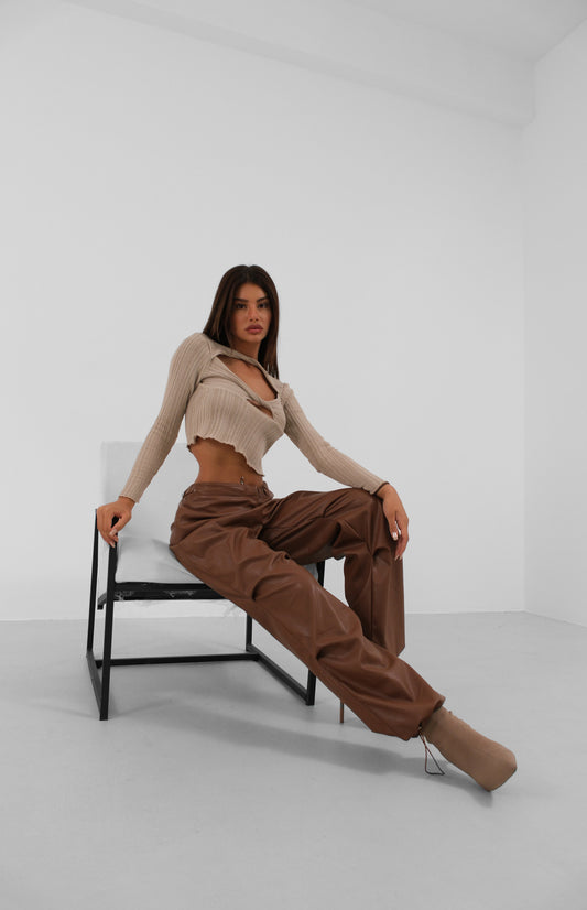 Elastic Waist Leather Brown Trousers 