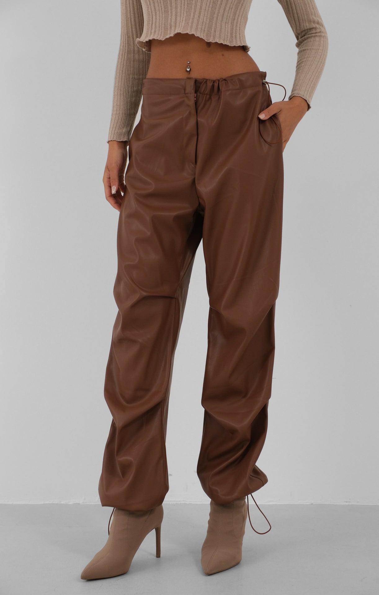 Elastic Waist Leather Brown Trousers 