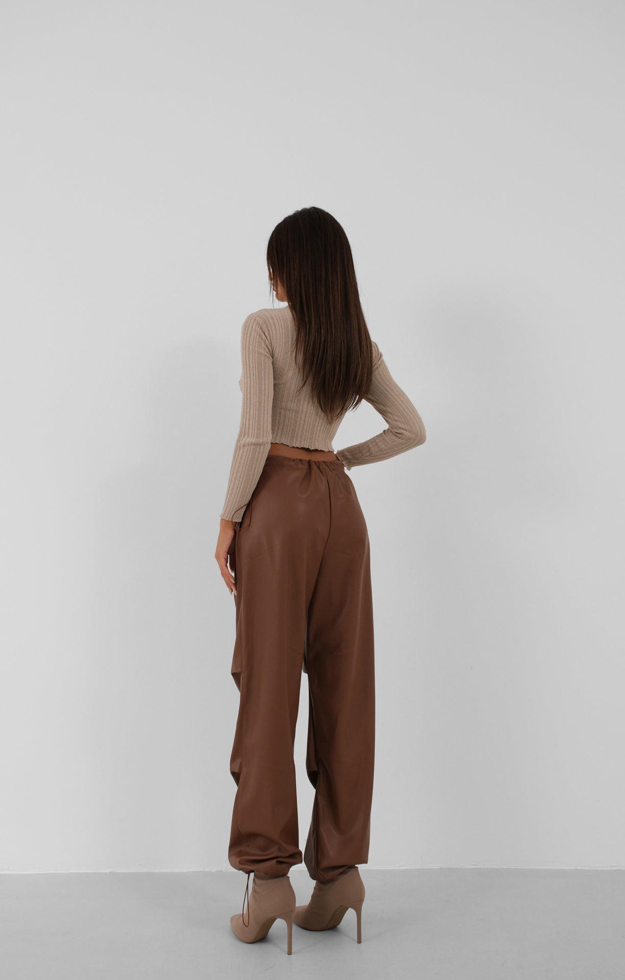 Elastic Waist Leather Brown Trousers 