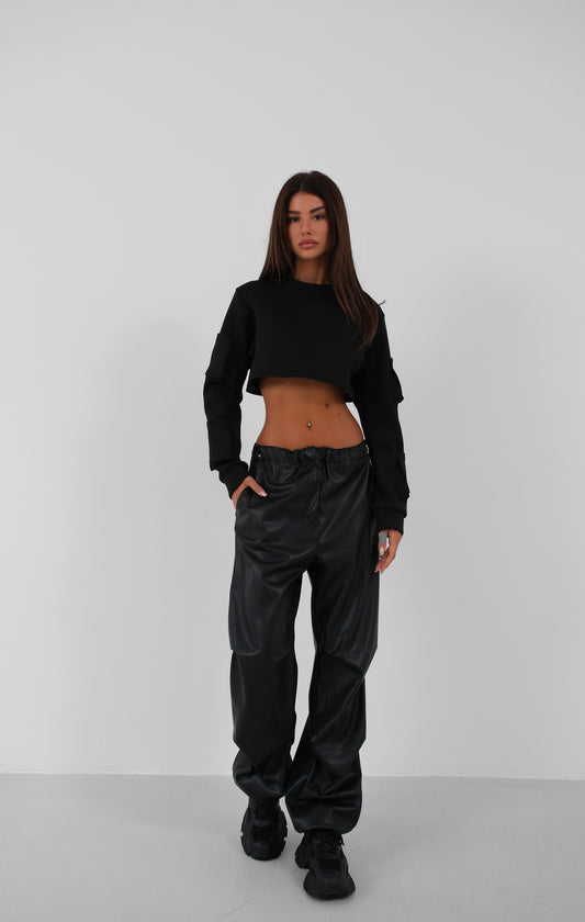 Elastic Waist Leather Black Trousers 