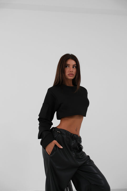 Elastic Waist Leather Black Trousers 