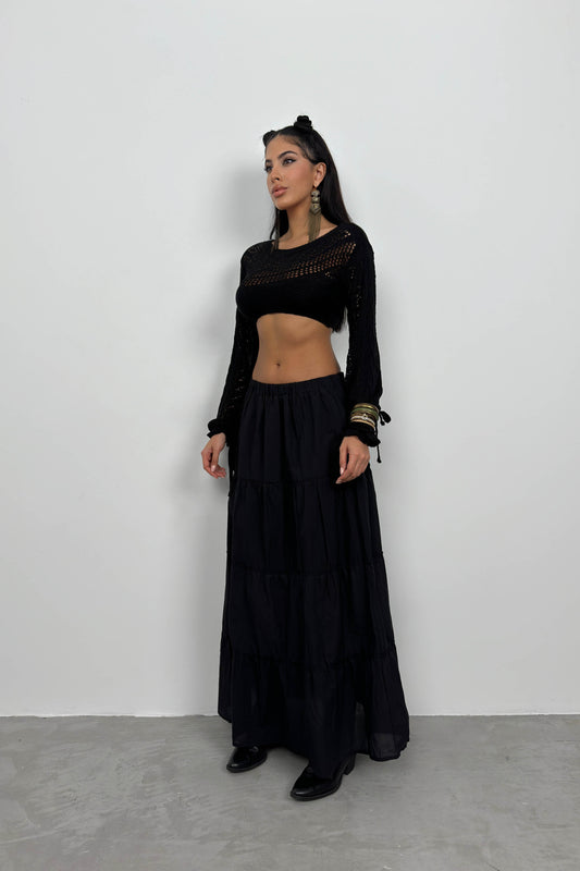 Elastic Waist Black Maxi Skirt 