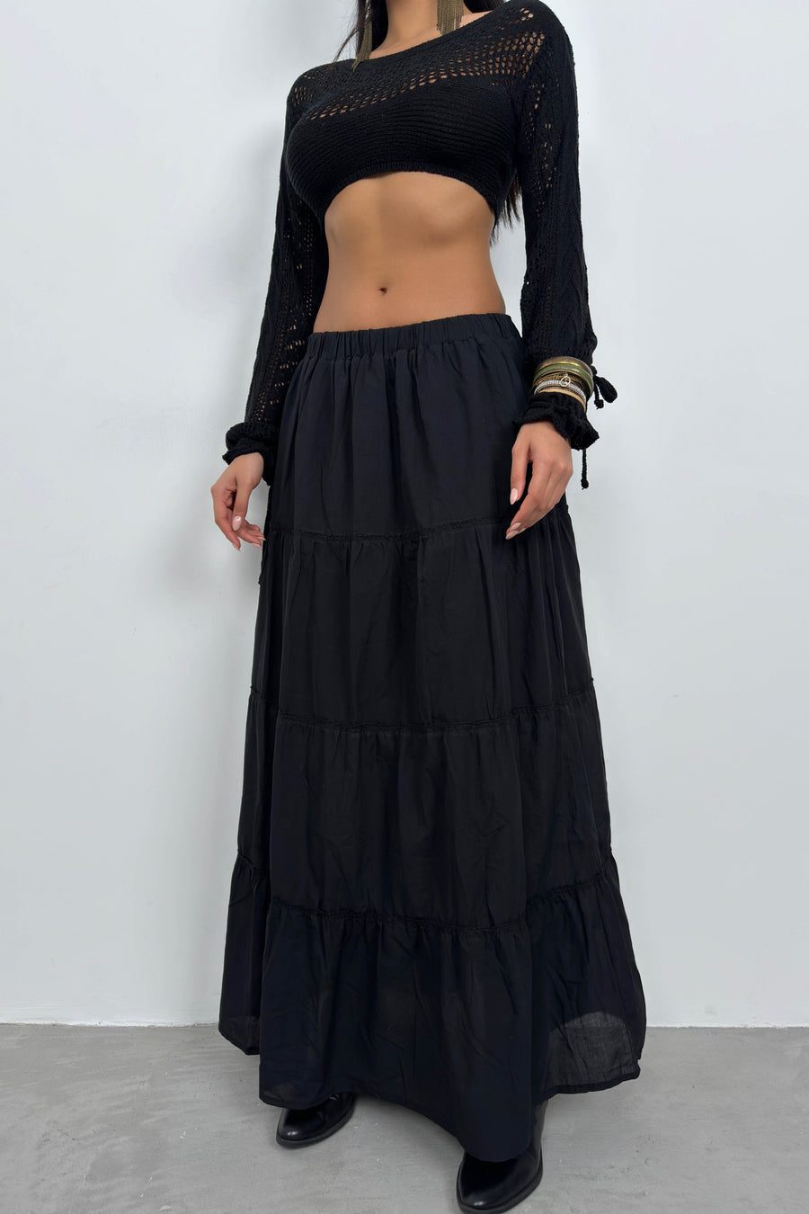 Elastic Waist Black Maxi Skirt 