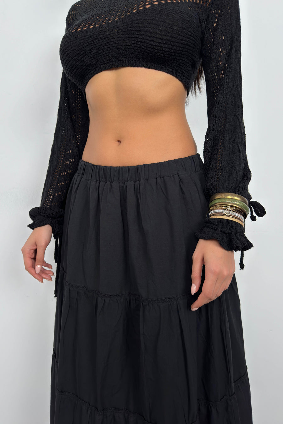 Elastic Waist Black Maxi Skirt 