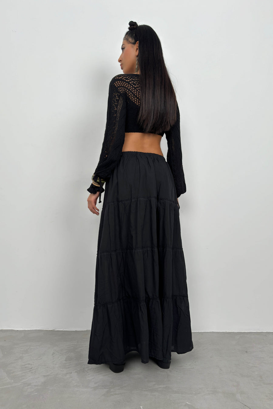 Elastic Waist Black Maxi Skirt 