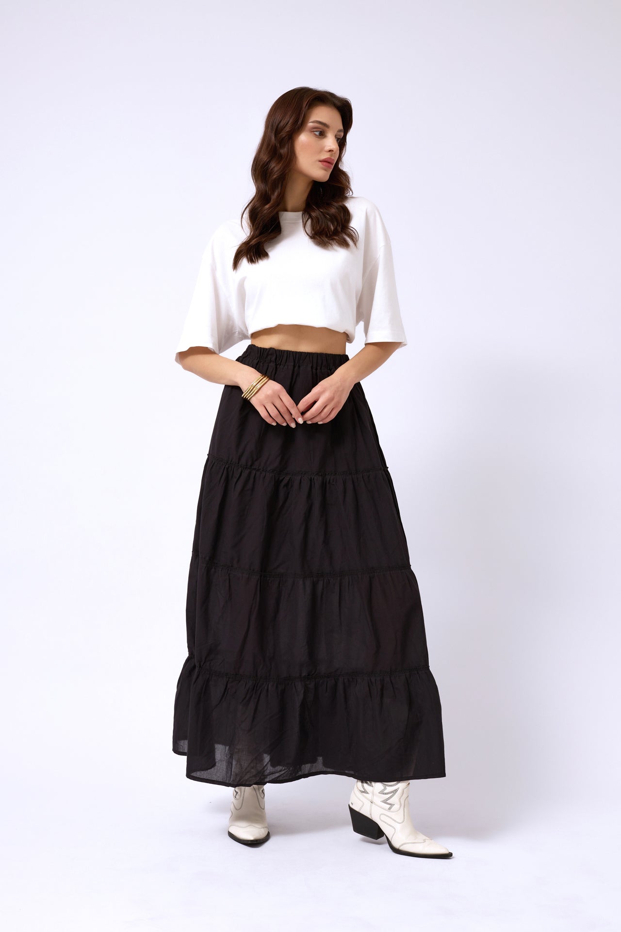 Elastic Waist Black Maxi Skirt 