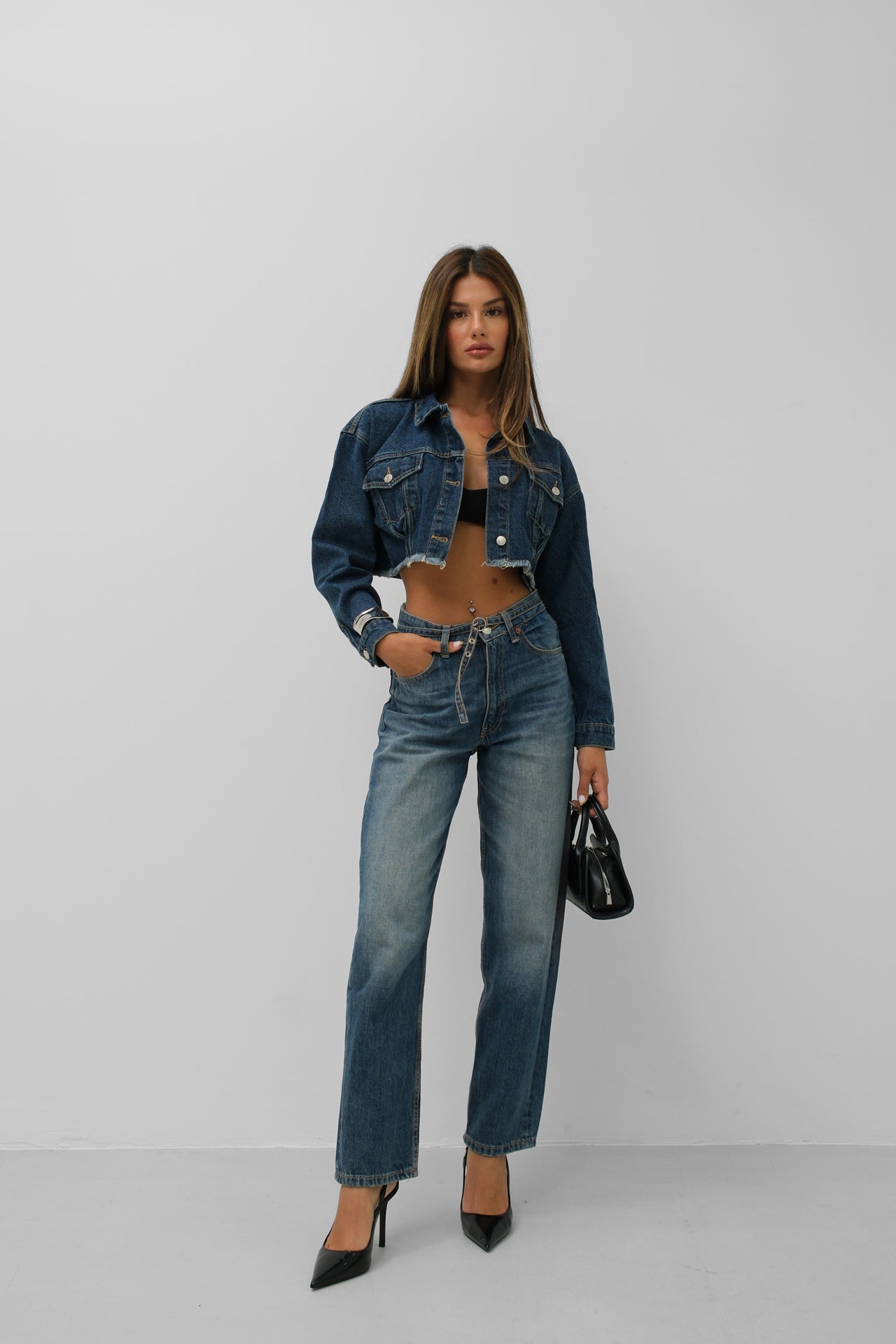 Seamless Dark Blue Denim Jacket with Waistline 