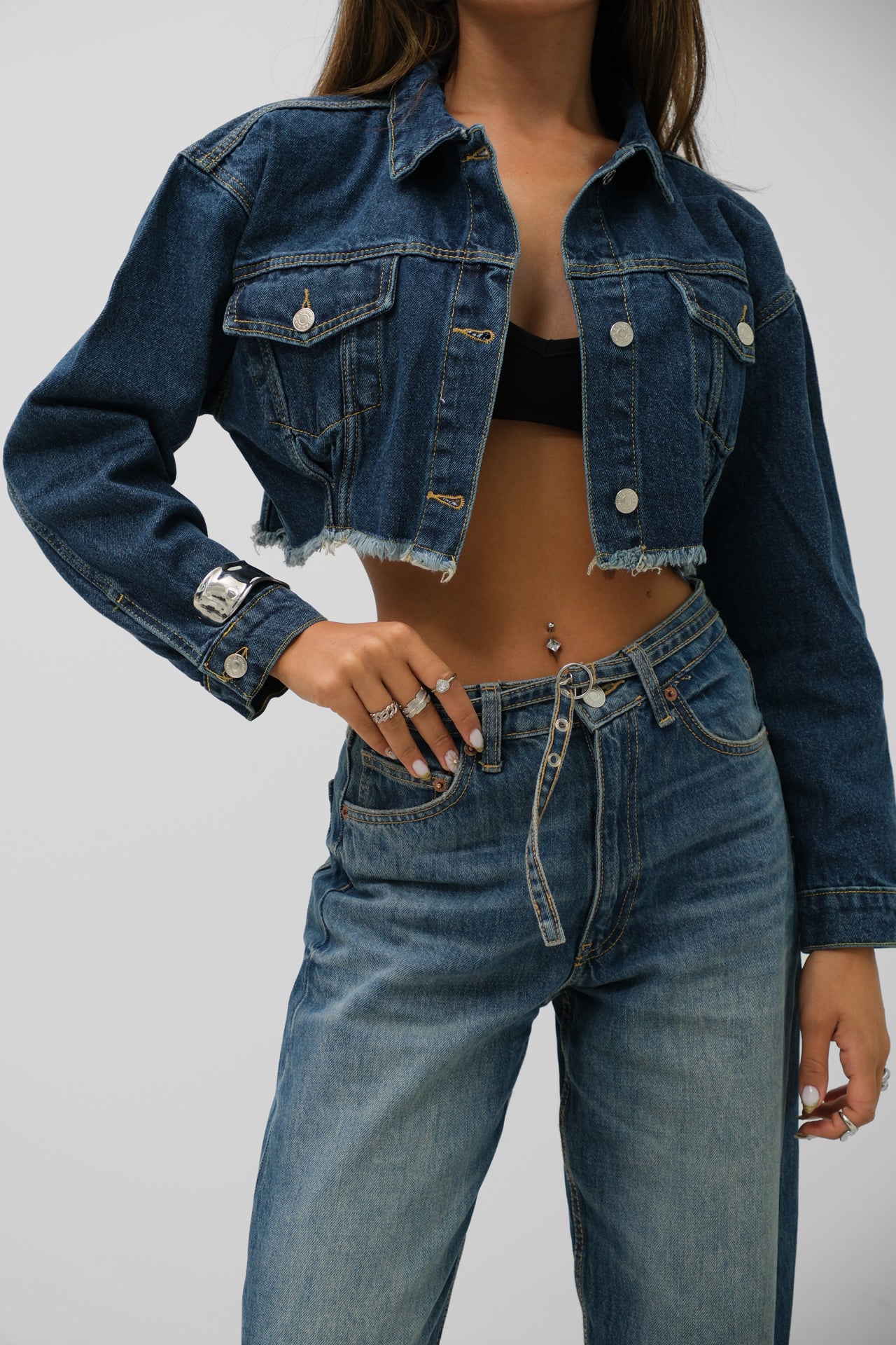 Seamless Dark Blue Denim Jacket with Waistline 