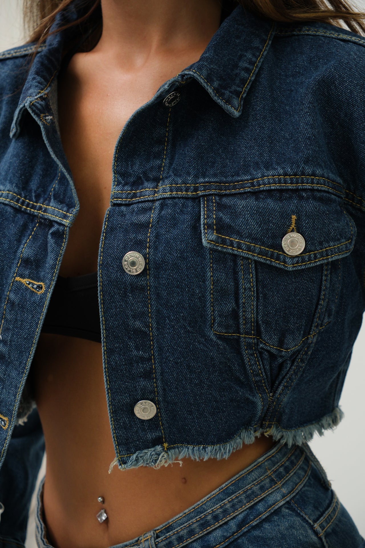 Seamless Dark Blue Denim Jacket with Waistline 