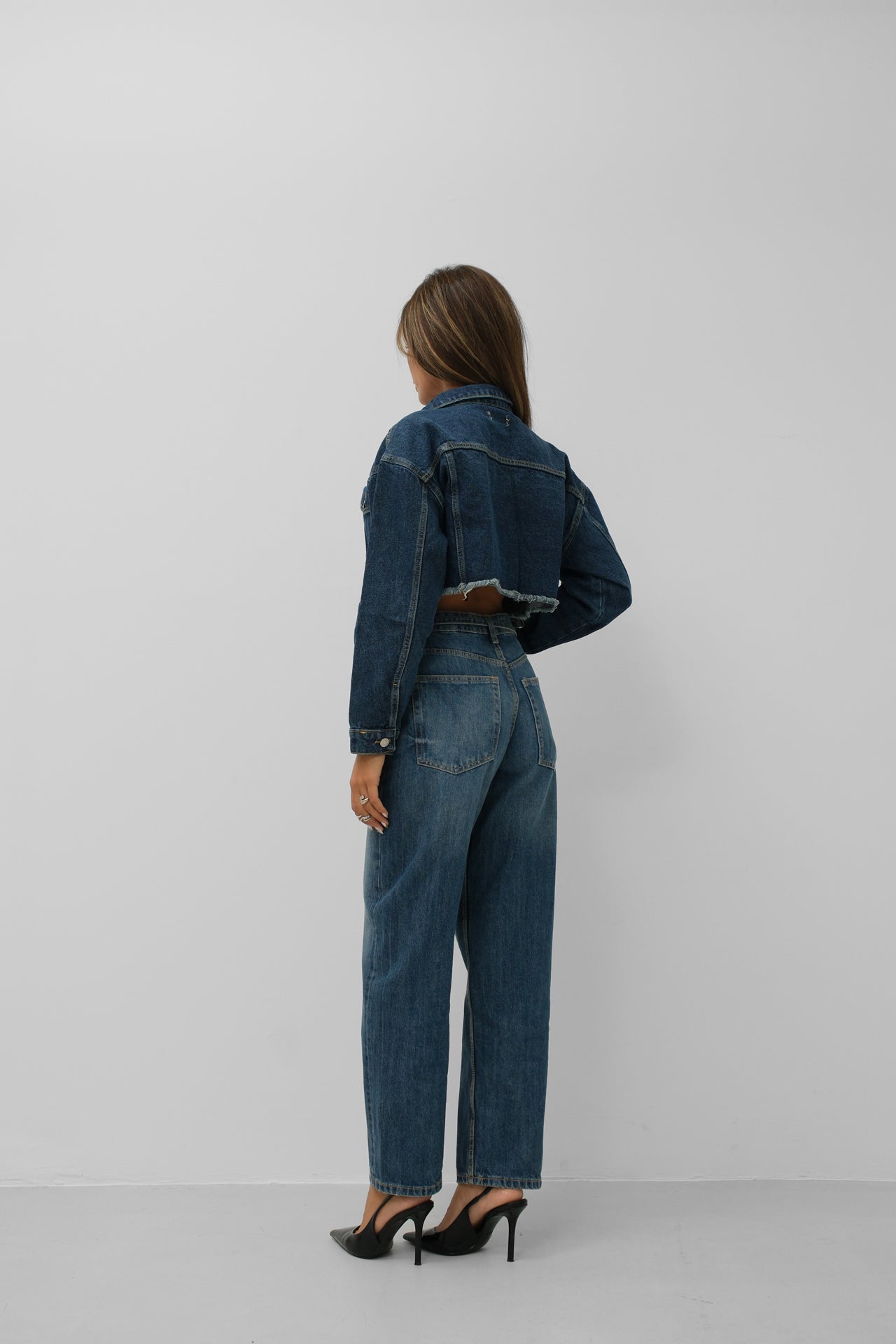 Seamless Dark Blue Denim Jacket with Waistline 