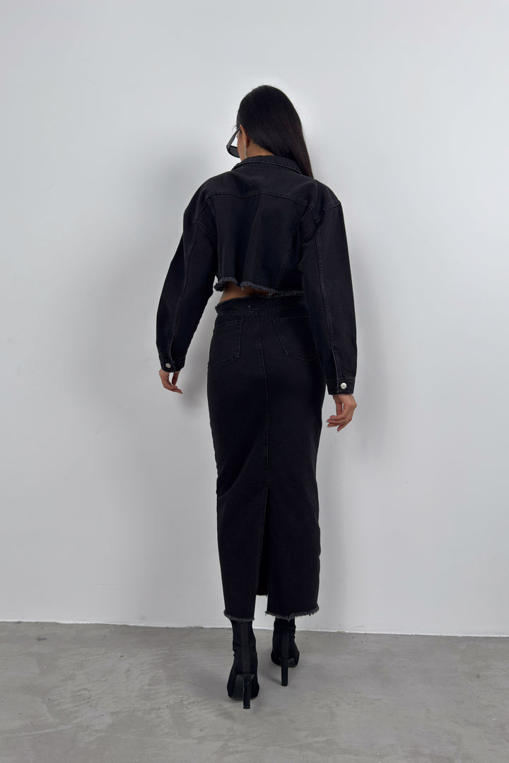 Bel ve Etek Ucu Dikişsiz Gri Kot Etek