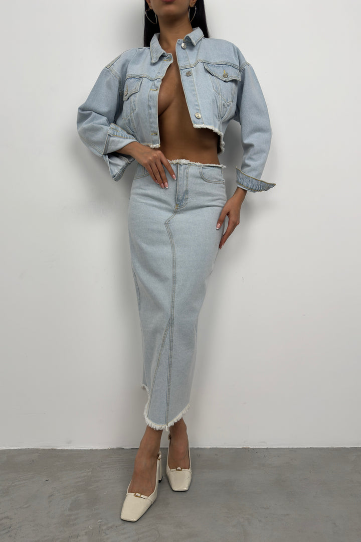 Bel ve Etek Ucu Dikişsiz Açık Mavi Kot Etek