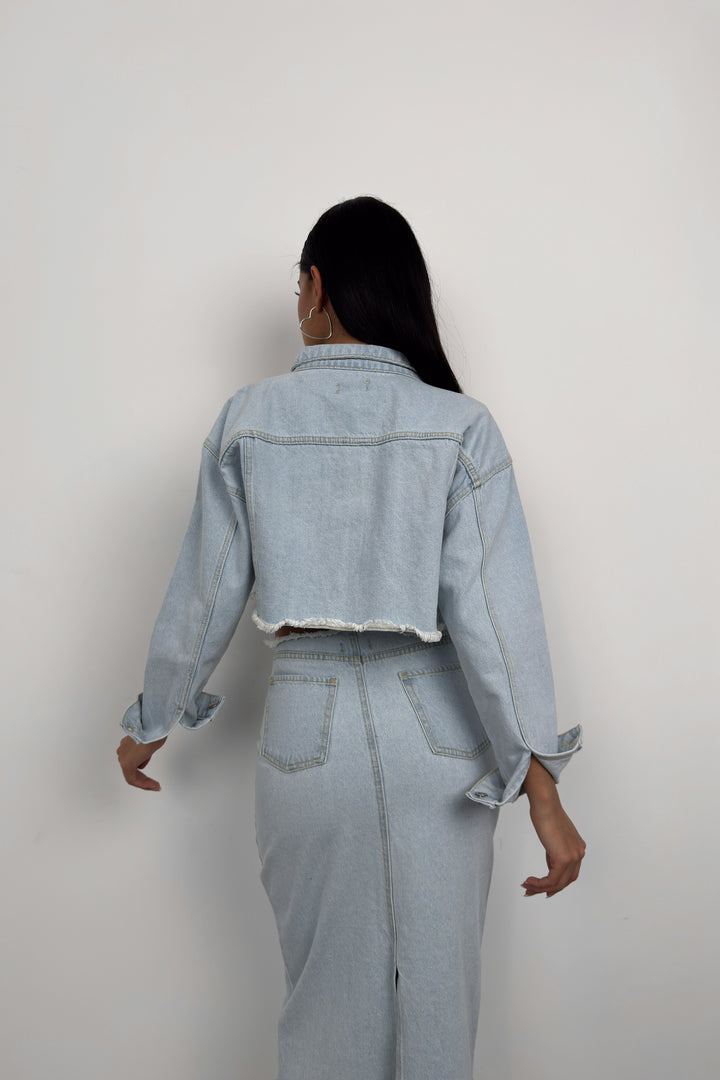 Bel ve Etek Ucu Dikişsiz Açık Mavi Kot Etek