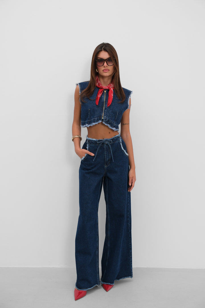 Belted Waist Laser Detailed Wide Leg Blue Jeans 