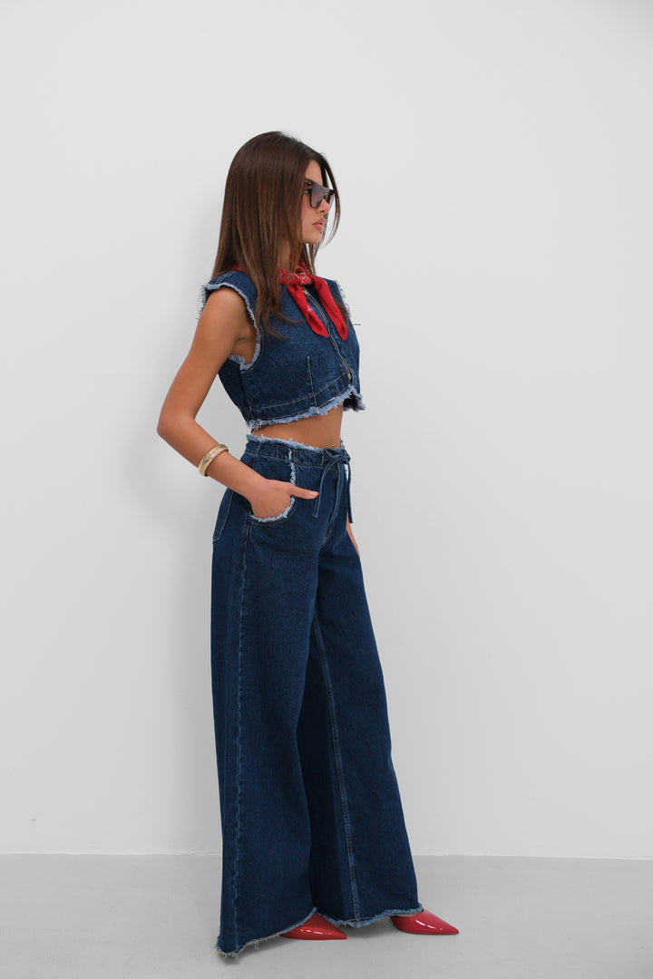 Belted Waist Laser Detailed Wide Leg Blue Jeans 