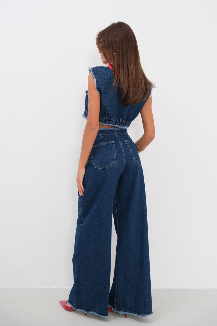 Belted Waist Laser Detailed Wide Leg Blue Jeans 