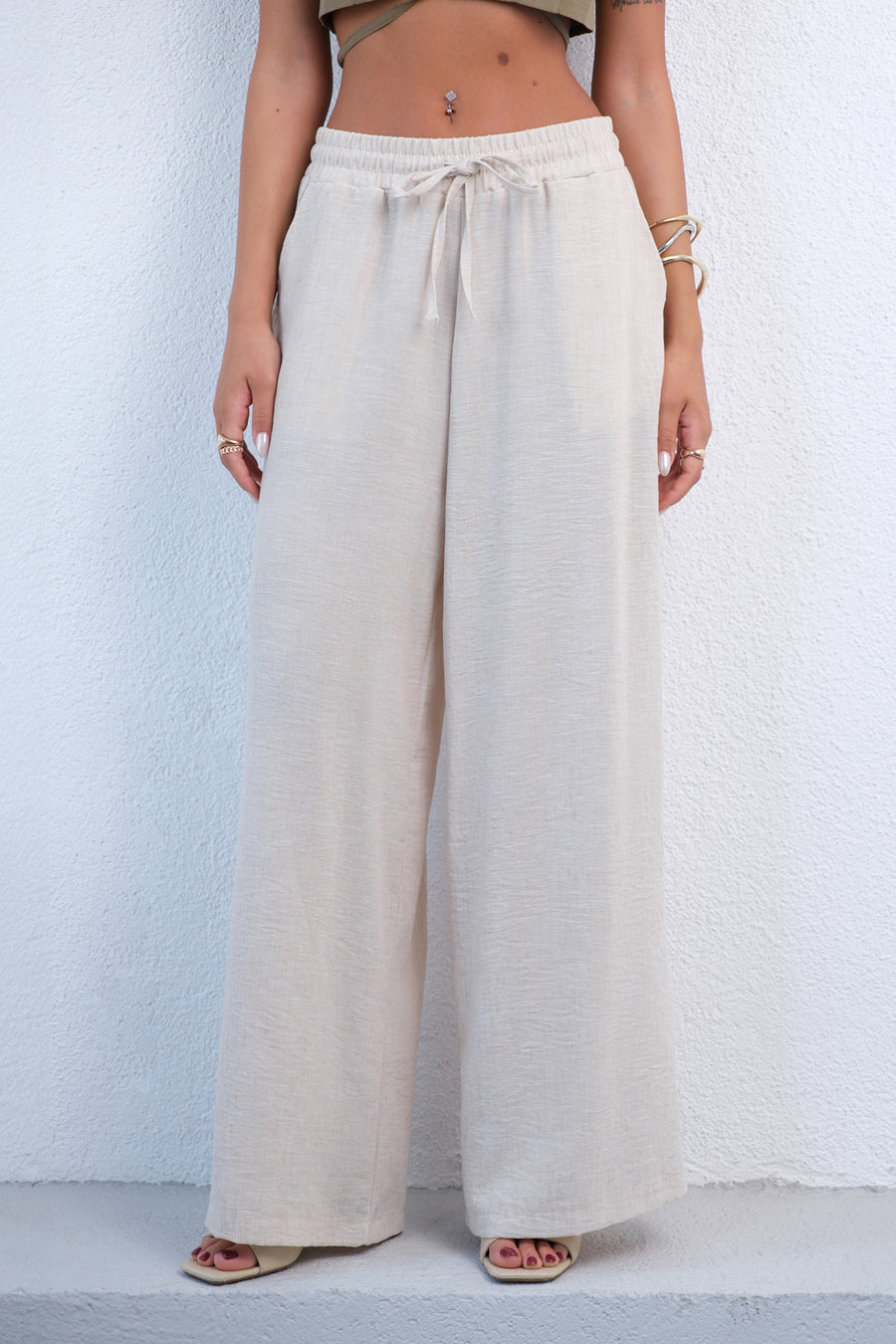 Elastic Waist Tie Detailed Beige Trousers 