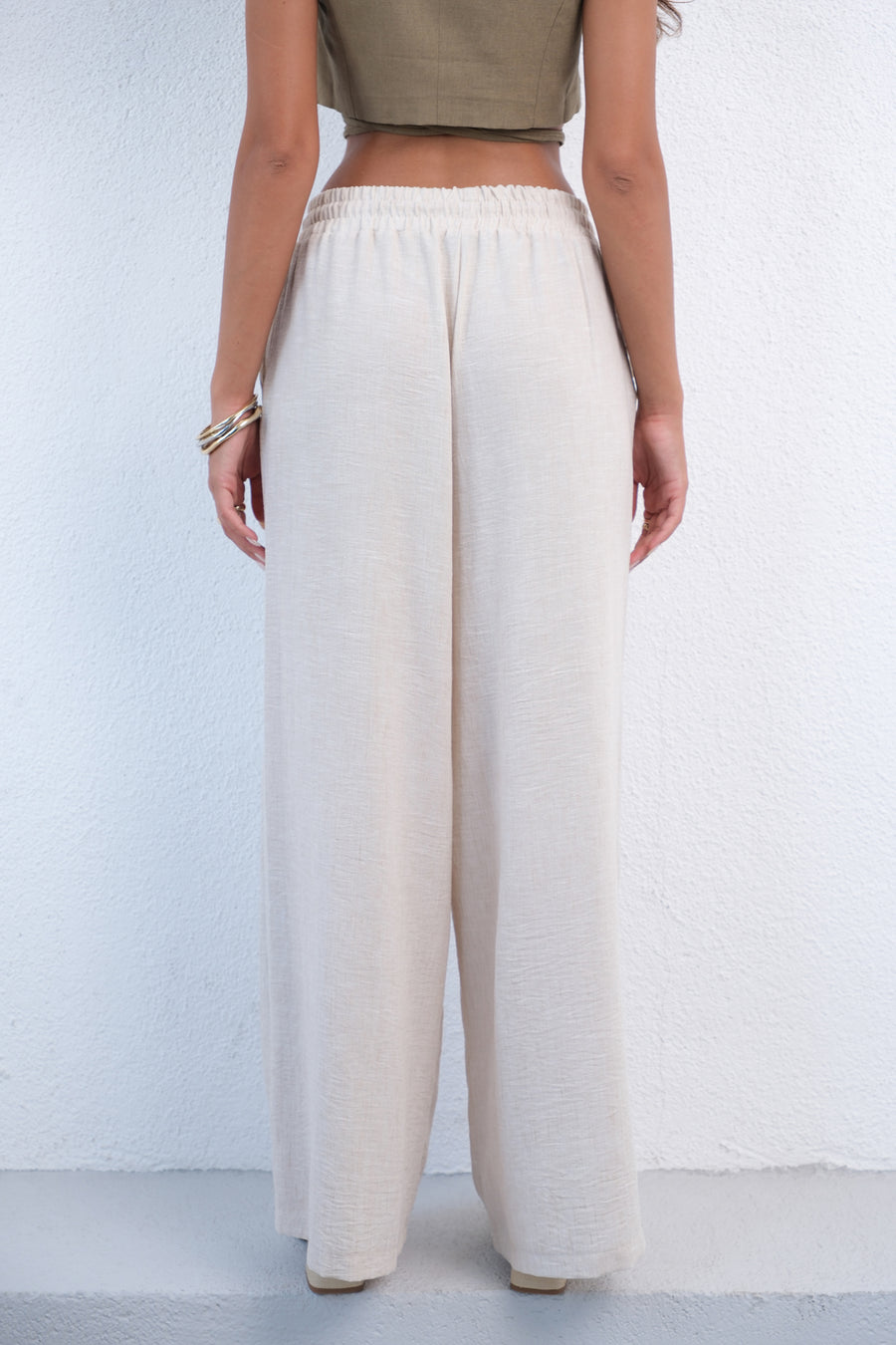 Elastic Waist Tie Detailed Beige Trousers 