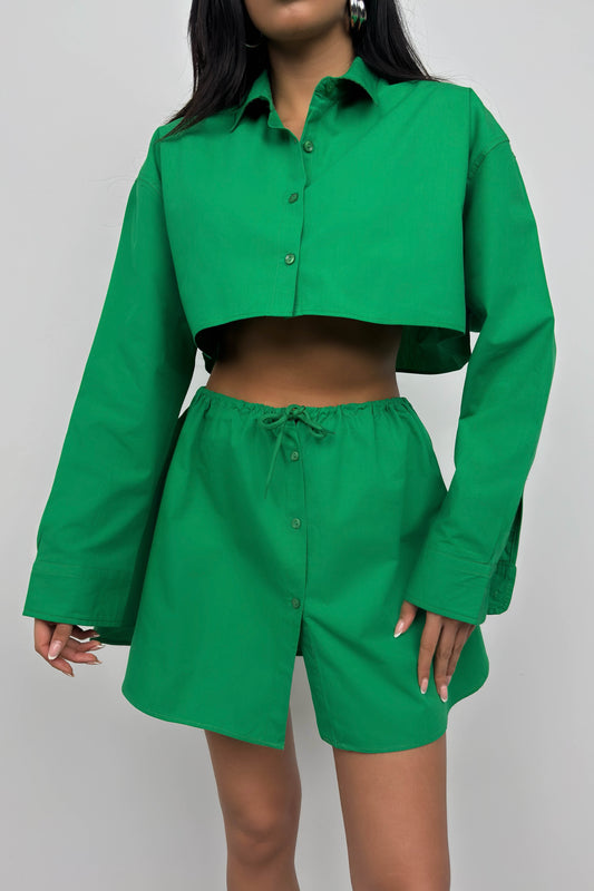 Green Mini Skirt with Elastic Waist and Buttons 