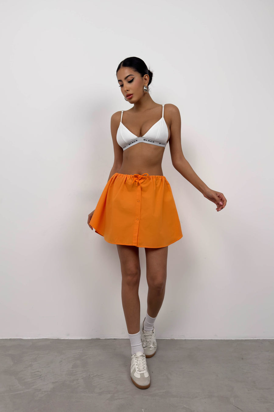 Orange Mini Skirt with Elastic Waist and Buttons 