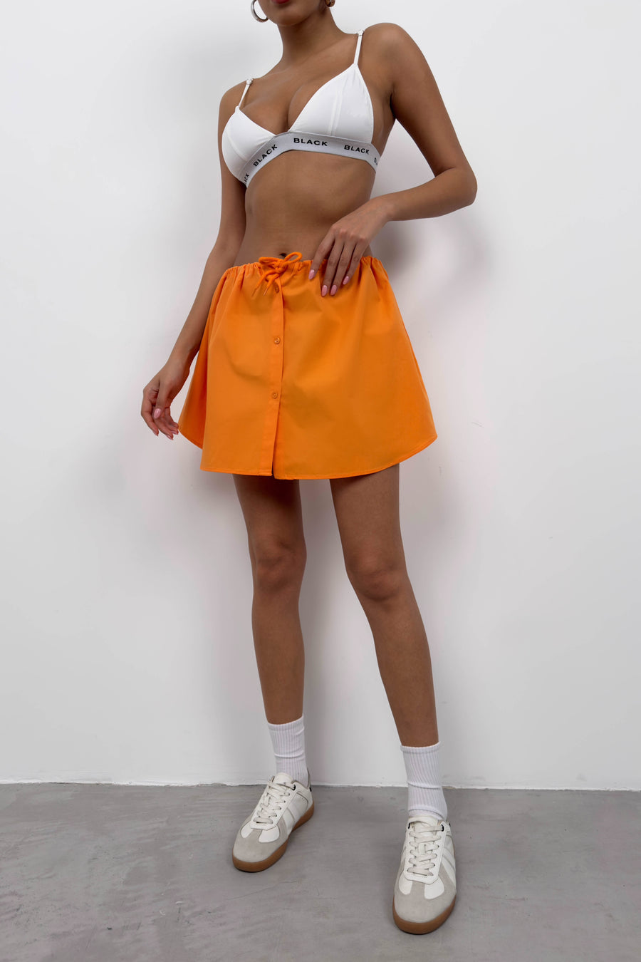 Orange Mini Skirt with Elastic Waist and Buttons 